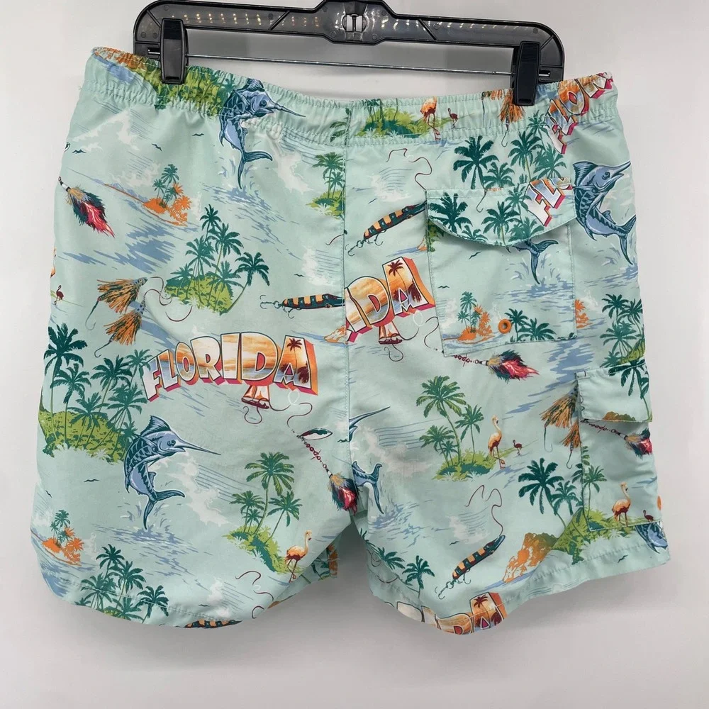 Tommy Bahama Swim Trunks Mens Large Blue Florida Souvenir Print Fishing Shorts